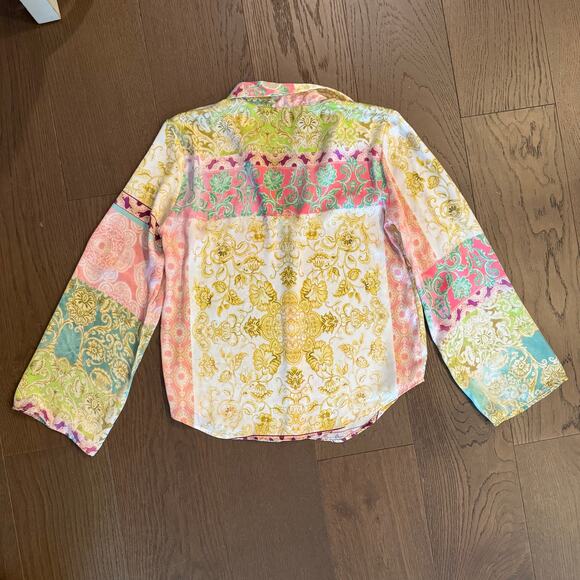 Zara Patchwork Print Satin Button-up Blouse workwear, career office siren Size M - Picture 2 of 4